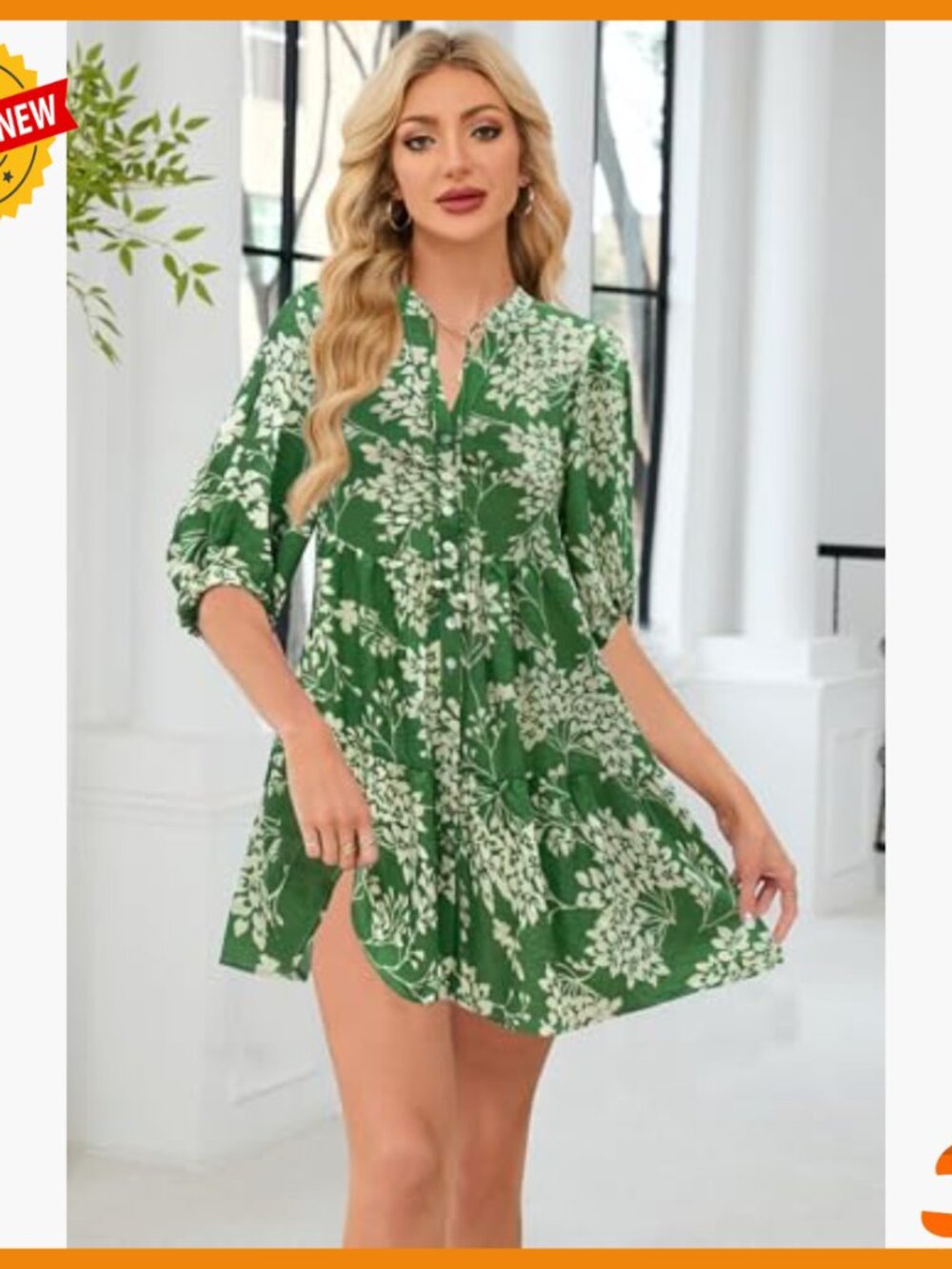 Floral Boho Shift Dress V Neck Puff Sleeve Button Down Summer Mini Dress - Picture 4 of 7